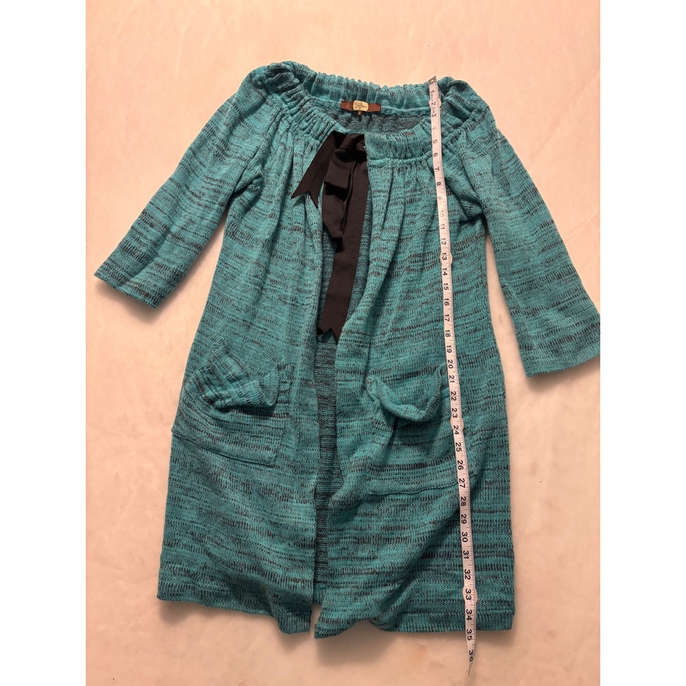 Eva Franco Teal Black Marled Knit Cardigan Sweater Tie Neck Pockets Size 6 - Picture 3 of 7